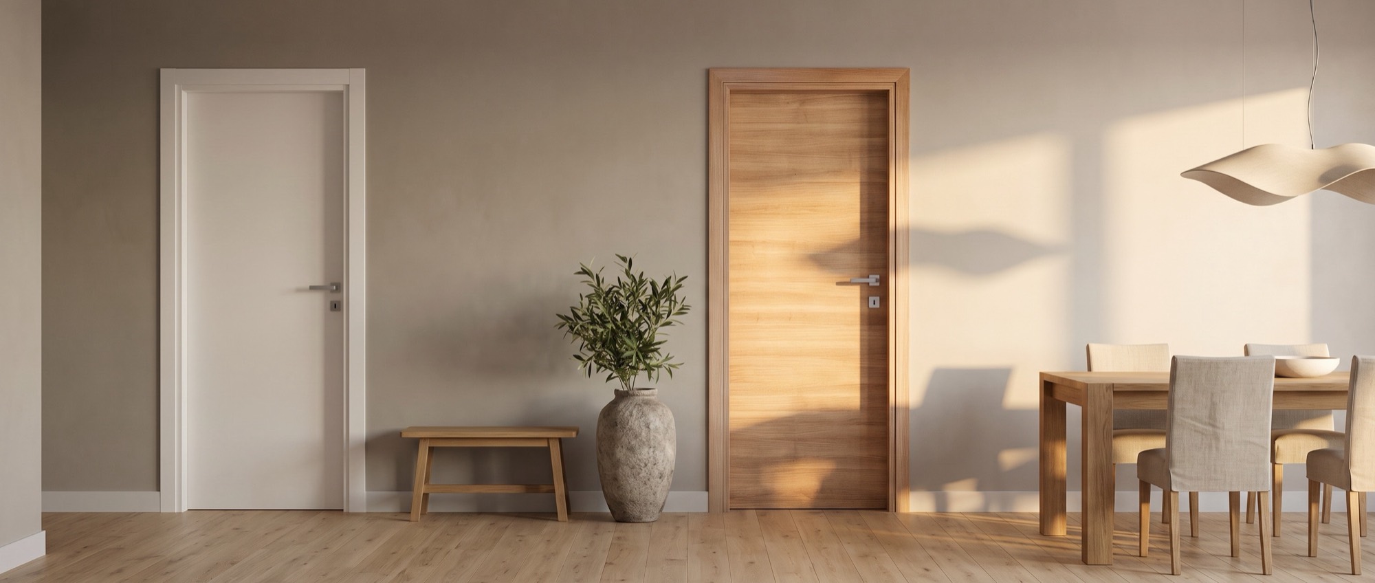 Una porta laminata in rovere e una porta laccata bianca in una casa