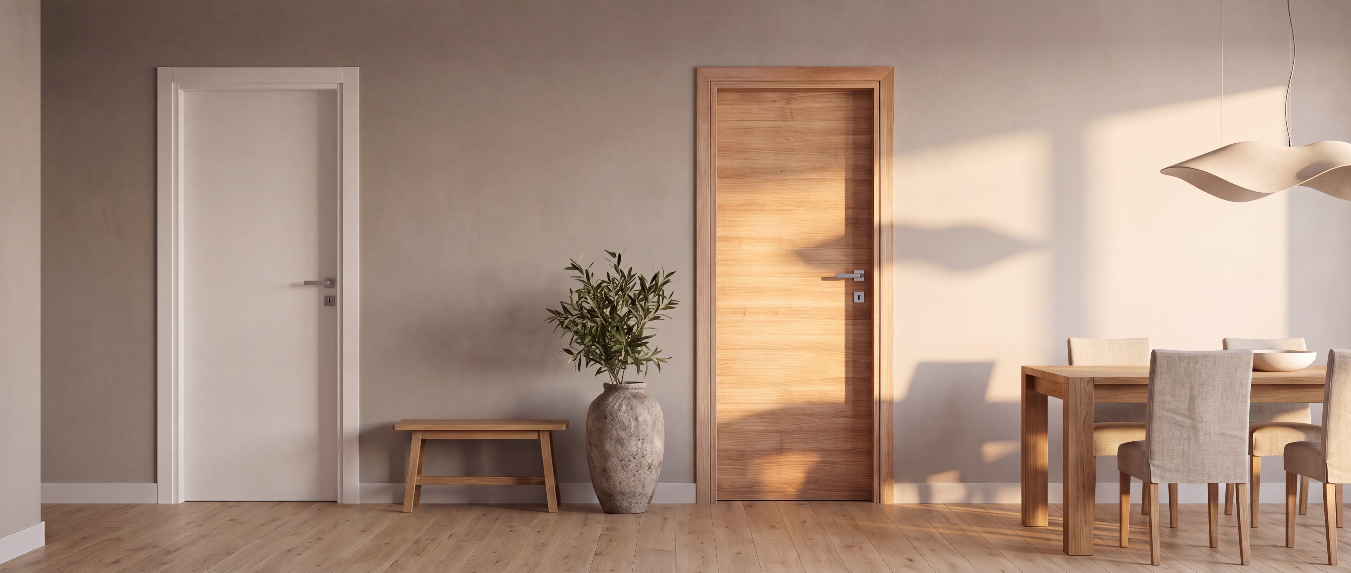 Una porta laminata in rovere e una porta laccata bianca in una casa