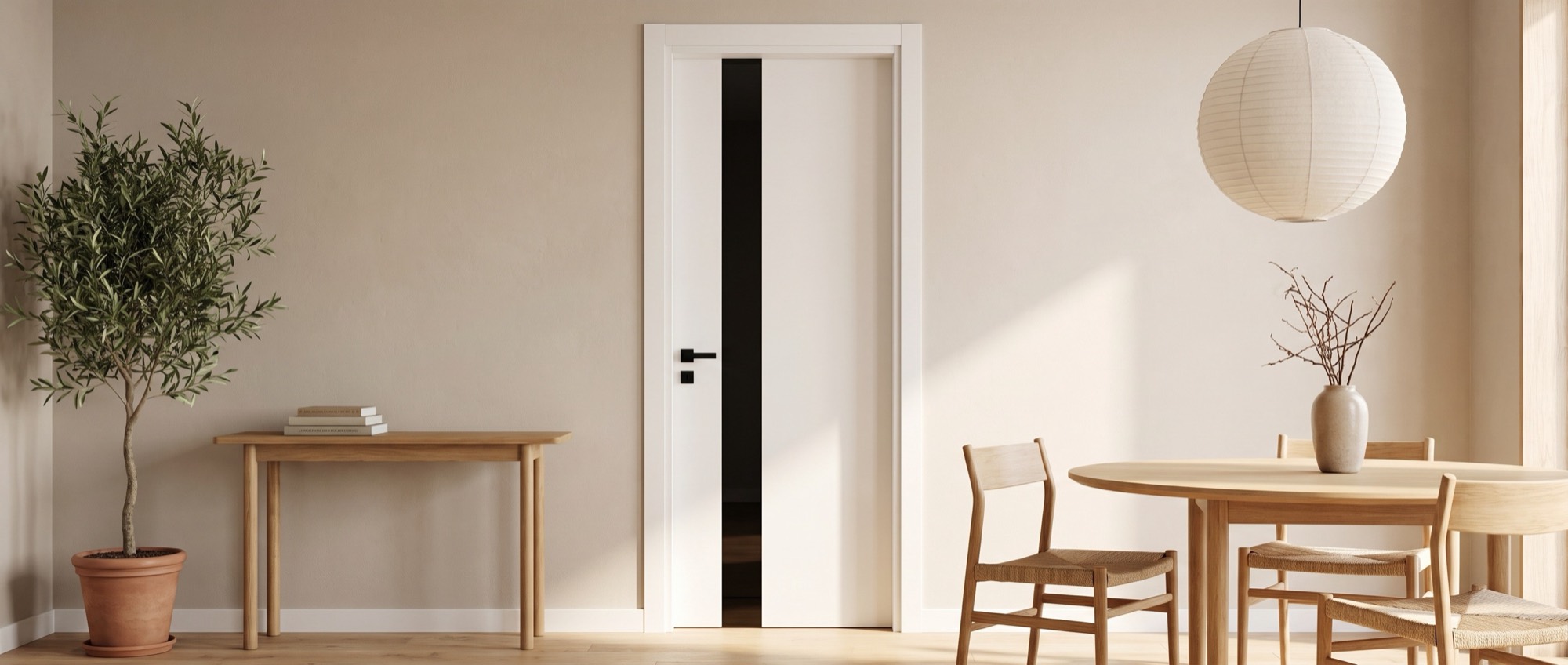 Porta bianca con il vetro nero, in una sala da pranzo