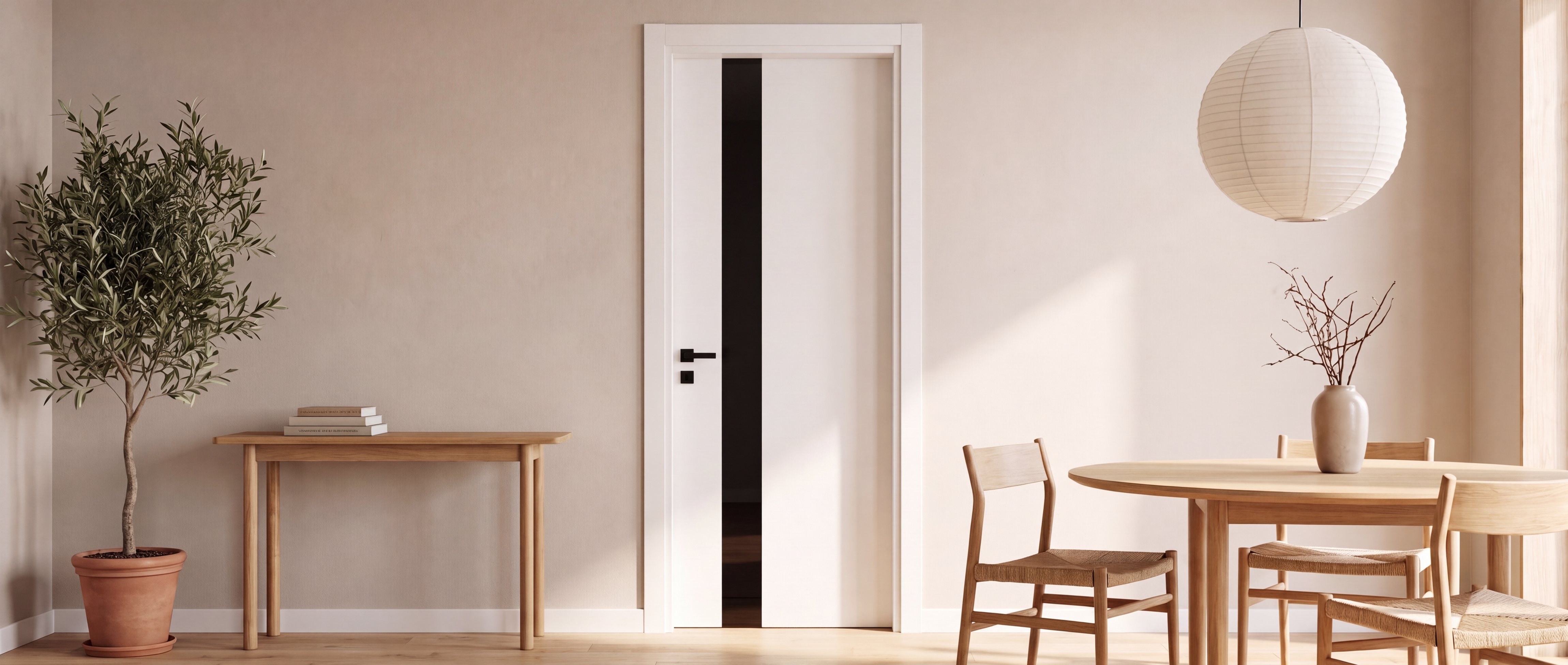 Porta bianca con il vetro nero, in una sala da pranzo