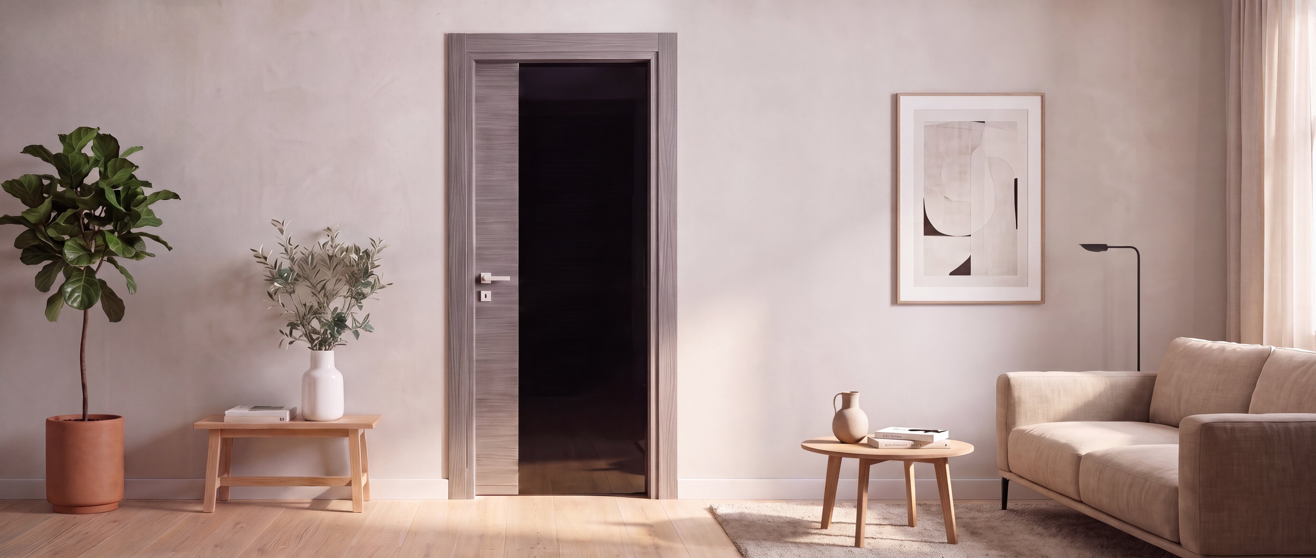 Porta Novità Vetro 01 con il vetro nero e il legno grigio, in un soggiorno