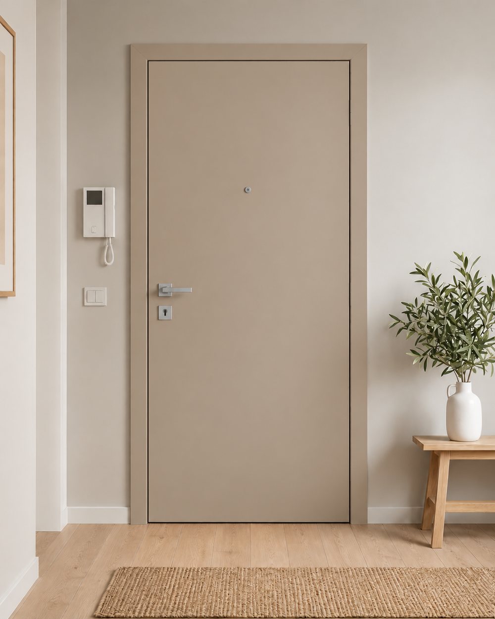Porta blindata vista da dentro, rivestita con un pannello laccato grigio beige