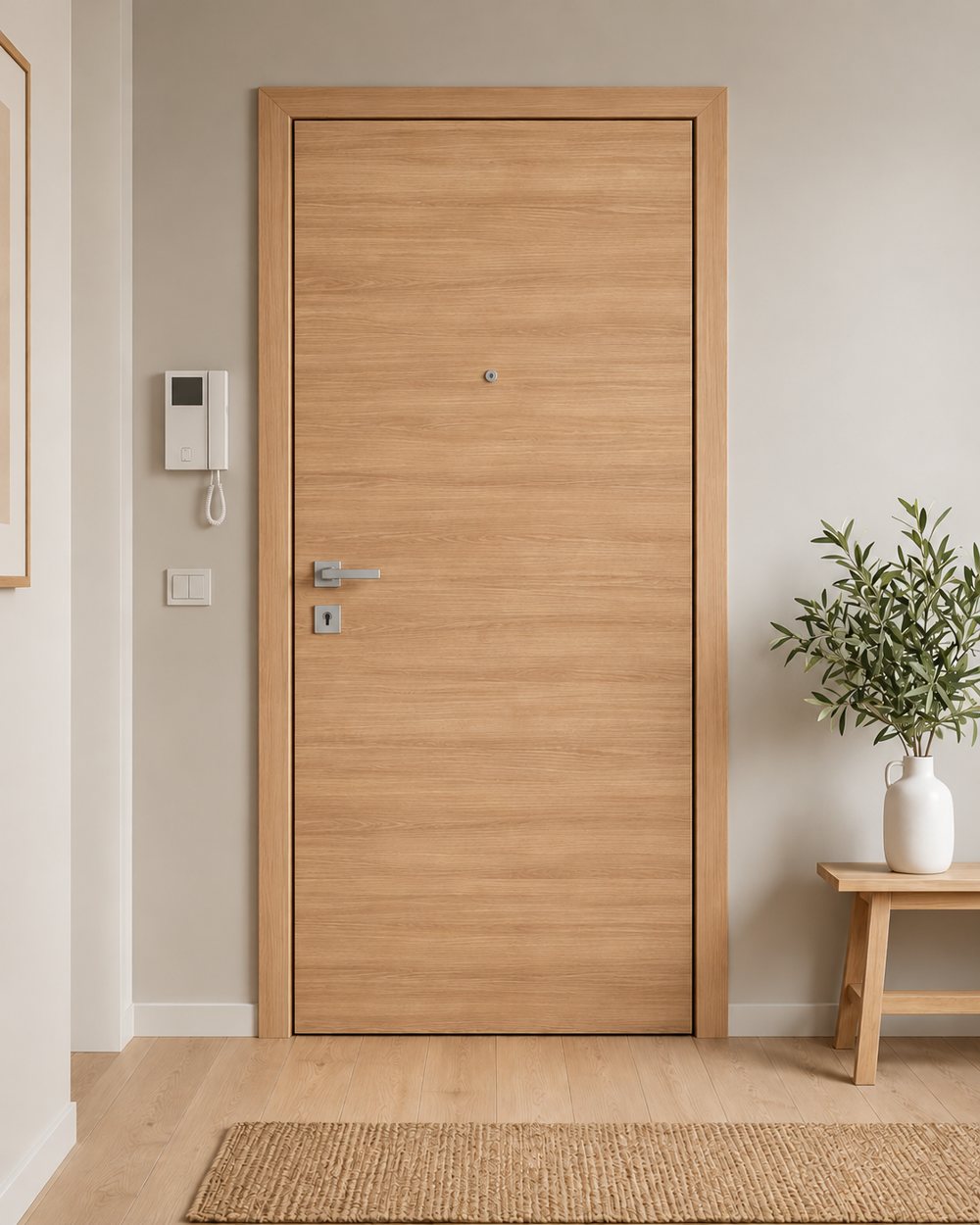 Porta blindata vista da dentro, rivestita con un pannello laminato effetto legno