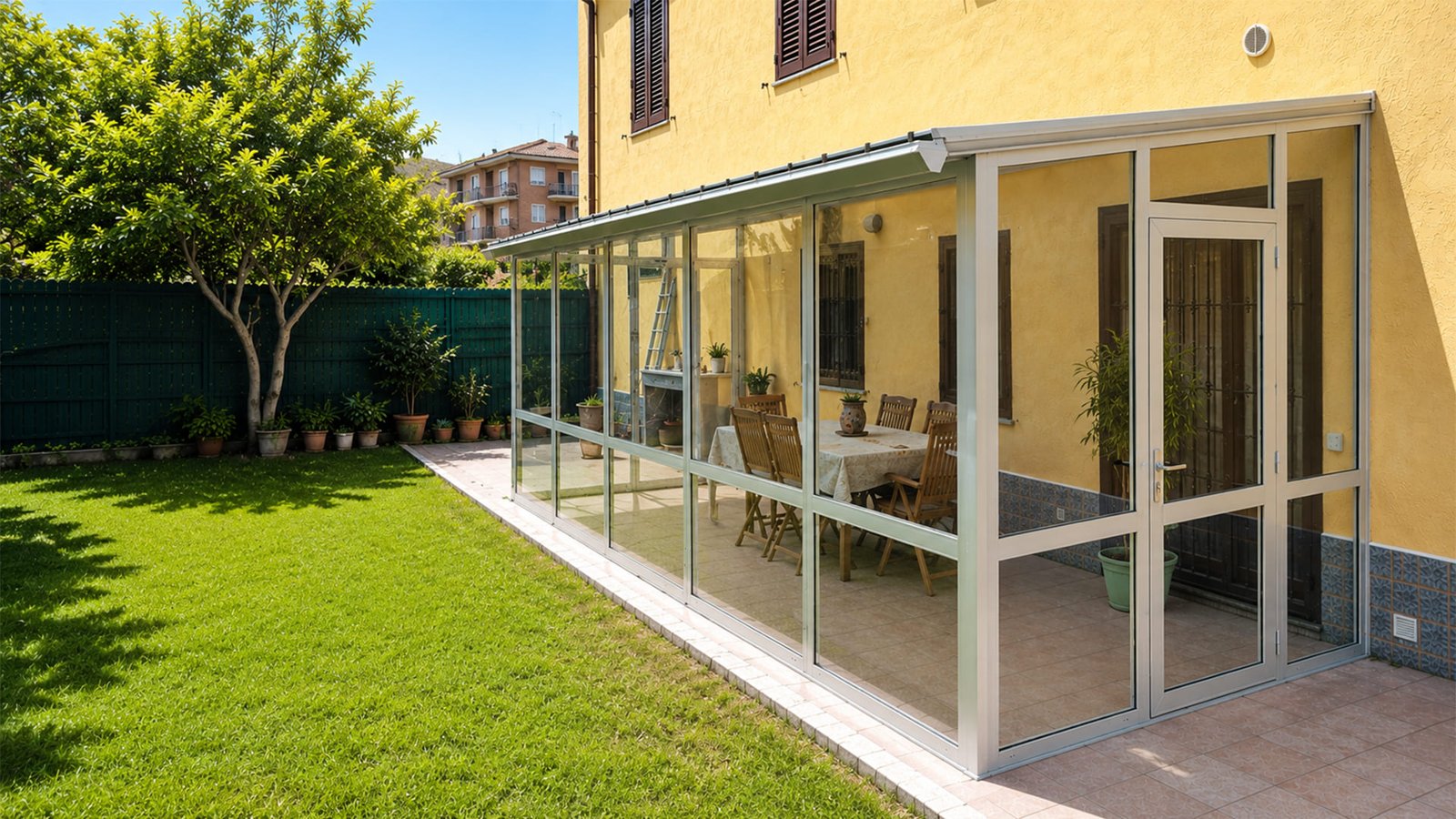 Una veranda in alluminio di Verande Verande affacciata sul giardino